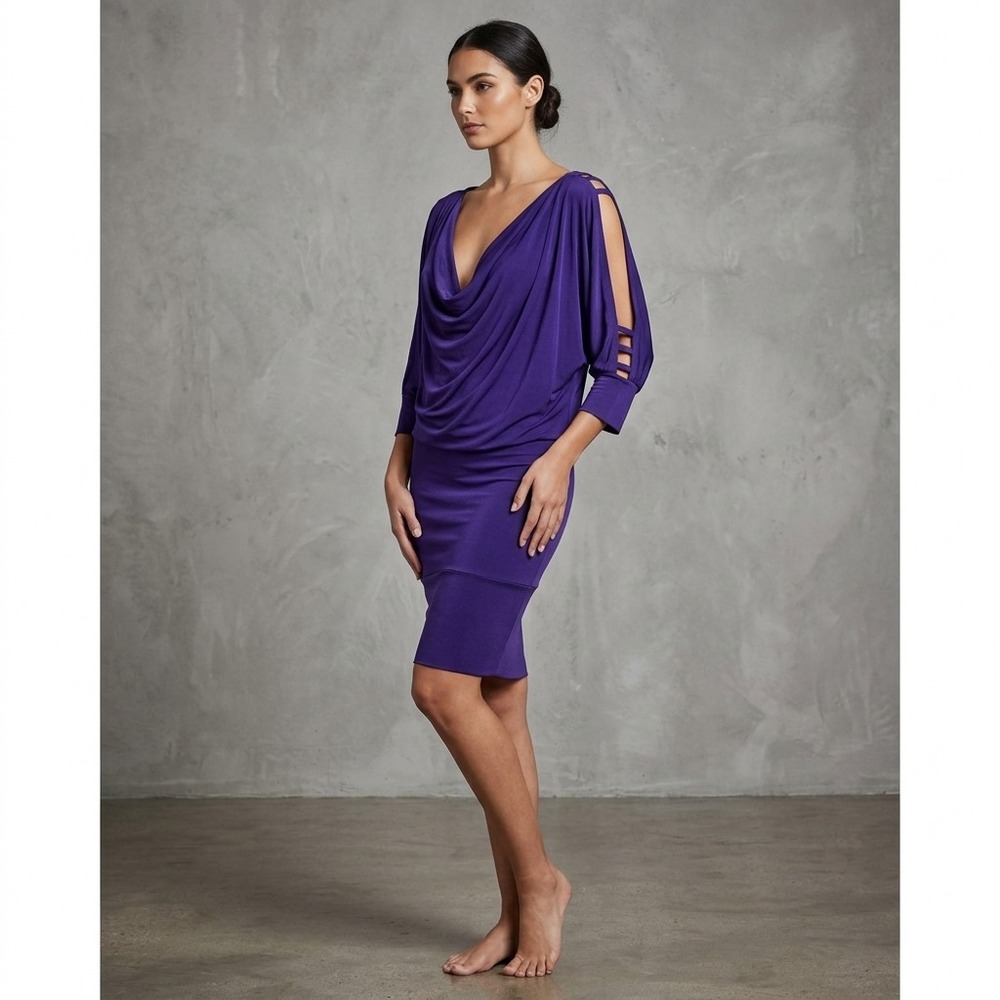 VTG 80s Purple Cowl Neck Dress Womens S M Batwing Slit Sleeve Midi Drop Waist